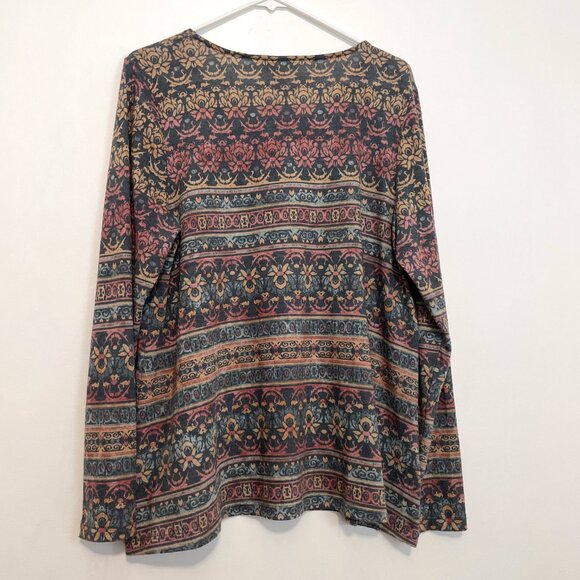 COLDWATER CREEK Black Red Multi Geometric Boho Distressed Look Long Sleeve Top L - Picture 10 of 14